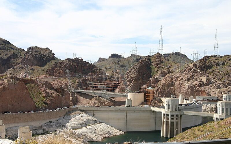 Hoover Dam viewed from downstream with power plant structures and canyon walls