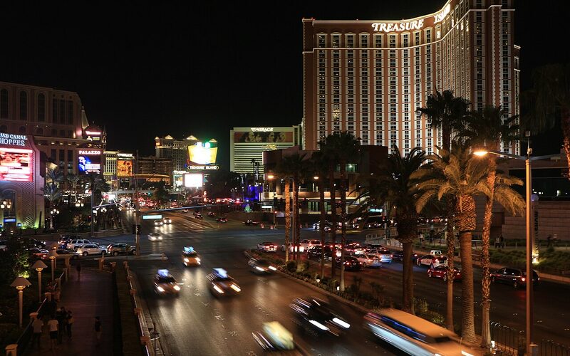 Las Vegas Strip at night with neon lights and casino resorts