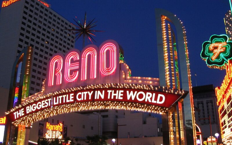 Reno Nevada skyline with the Biggest Little City arch