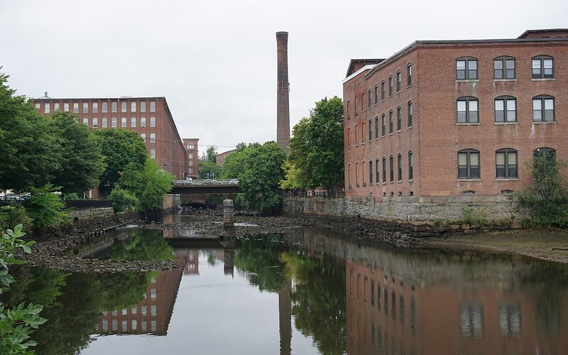 Dover, New Hampshire downtown along the Cocheco River with revitalized mill buildings