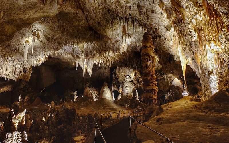 Interior of Carlsbad Caverns showing massive limestone formations and stalactites in southeastern New Mexico