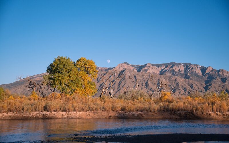 Corrales, New Mexico pastoral village with cottonwood bosque along the Rio Grande