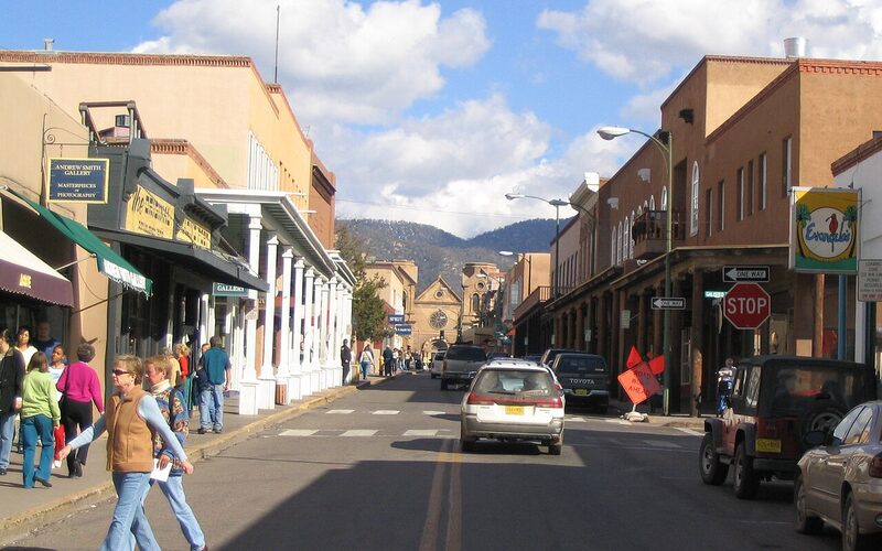 Santa Fe New Mexico adobe architecture and mountains