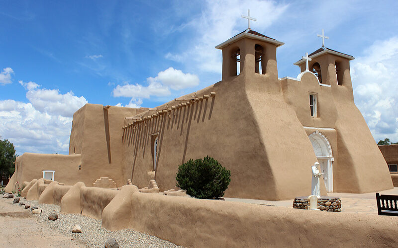 San Francisco de Asis Mission Church in Ranchos de Taos, New Mexico, with its iconic adobe walls and twin bell towers