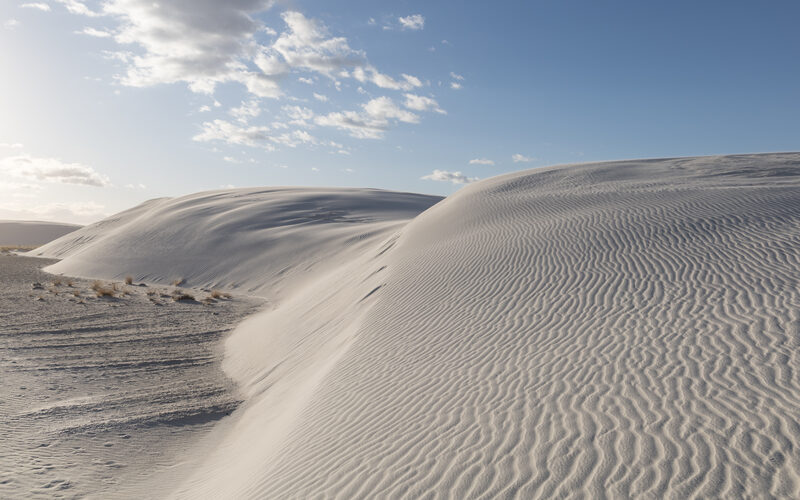White gypsum sand dunes with wind-carved ripple patterns at White Sands National Park, New Mexico