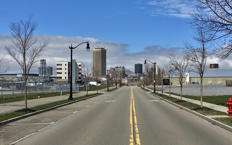 Buffalo, New York skyline viewed from an approaching road