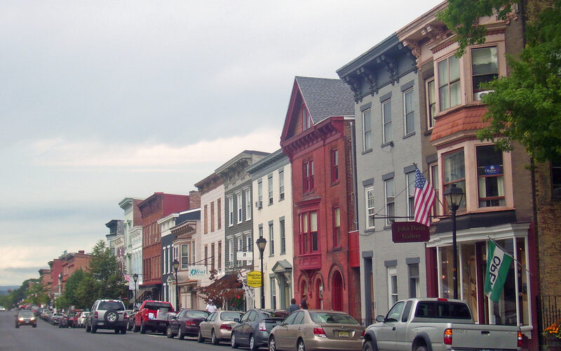Historic Warren Street in Hudson, New York with antique shops and restored 19th-century buildings