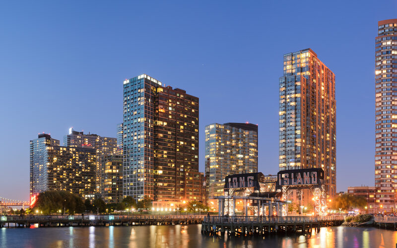Long Island City skyline with modern high-rise towers along the East River waterfront