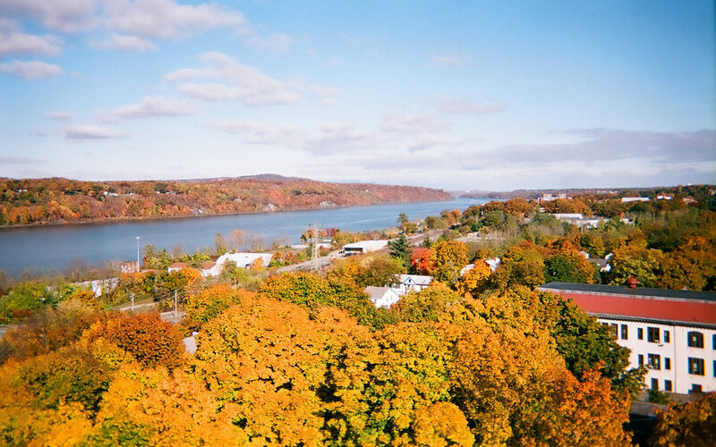 Hudson Valley autumn landscape with river and mountains in New York