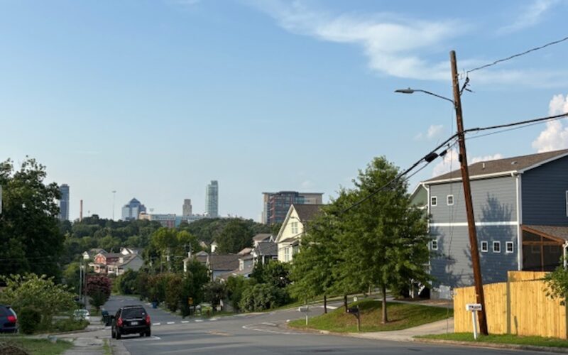 Durham, North Carolina residential neighborhood with distant skyline
