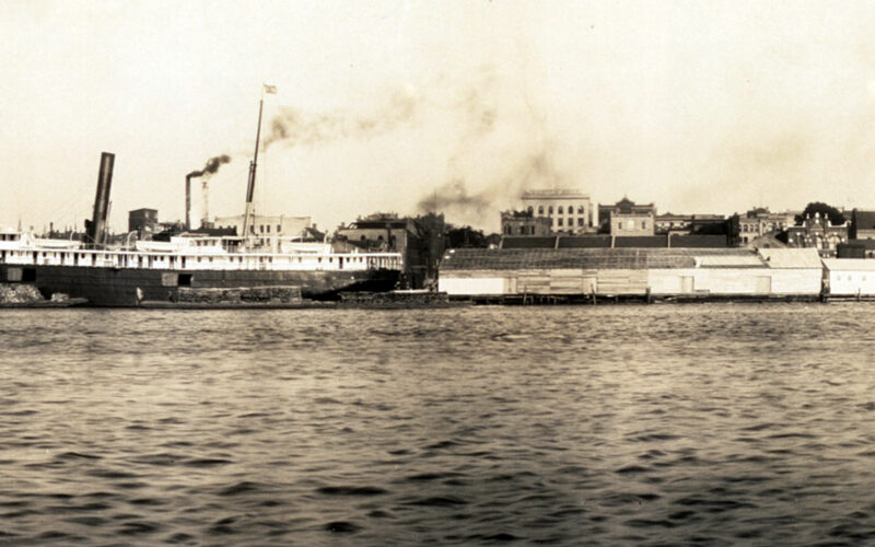 Wilmington, North Carolina riverfront along the Cape Fear River with historic downtown