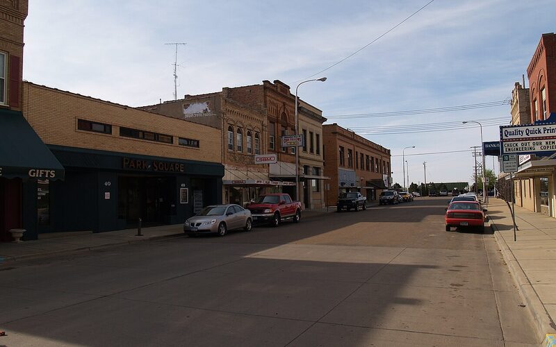 Dickinson, North Dakota downtown and surrounding prairie landscape