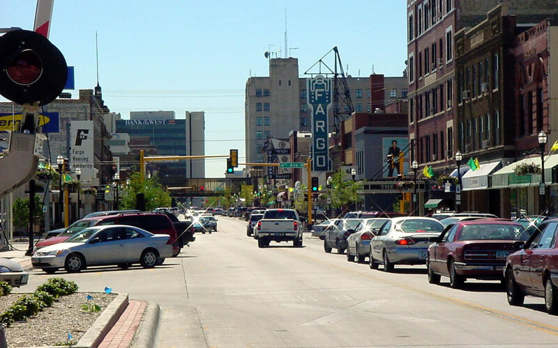 Downtown Fargo, North Dakota Broadway street with the Fargo Theatre sign