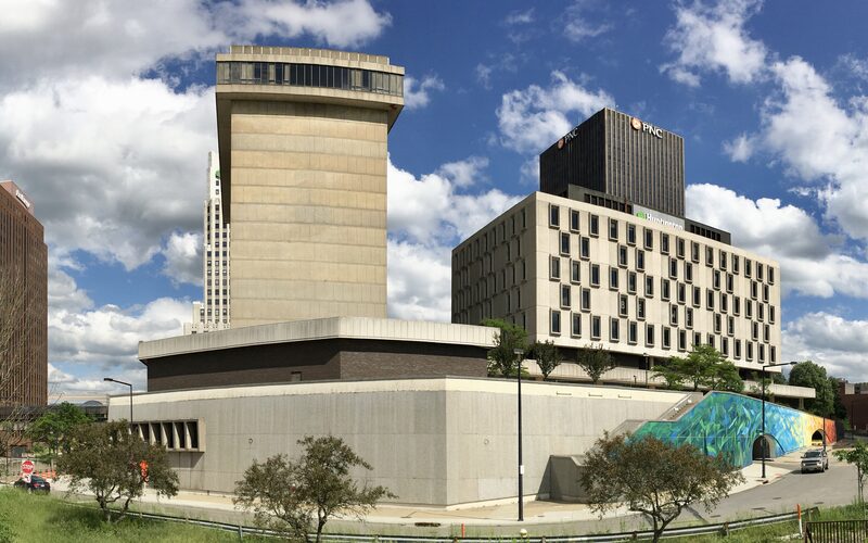 Downtown Akron, Ohio buildings with cylindrical tower