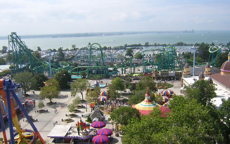 Cedar Point amusement park roller coasters along Lake Erie in Sandusky, Ohio