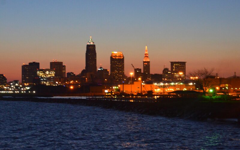 Cleveland, Ohio skyline at sunset along Lake Erie