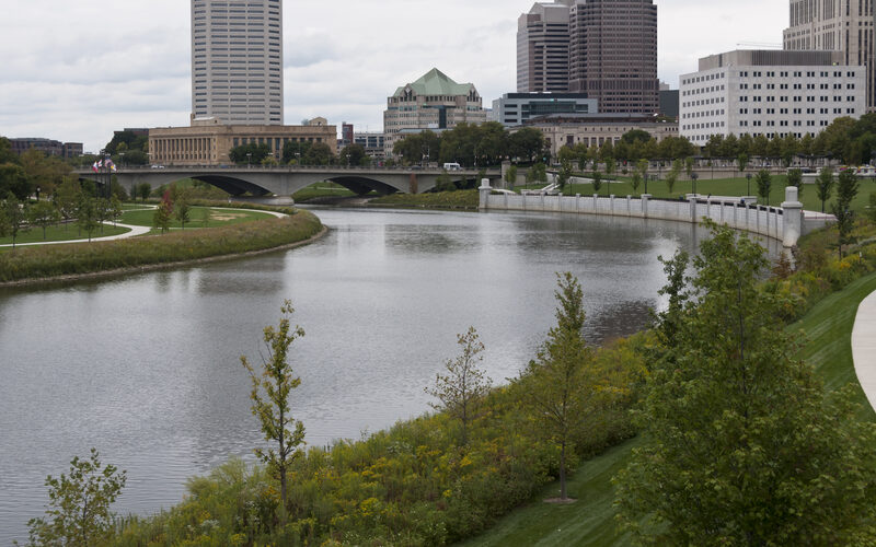 Columbus Ohio skyline with the Scioto River and downtown high-rises