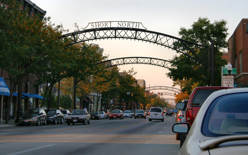 Short North Arts District in Columbus with illuminated arches and galleries