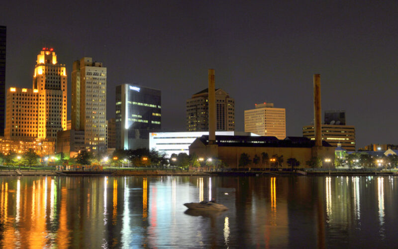 Toledo Ohio skyline along the Maumee River with downtown bridges