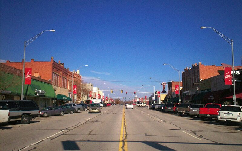 Main street with brick storefronts in Broken Arrow, Oklahoma