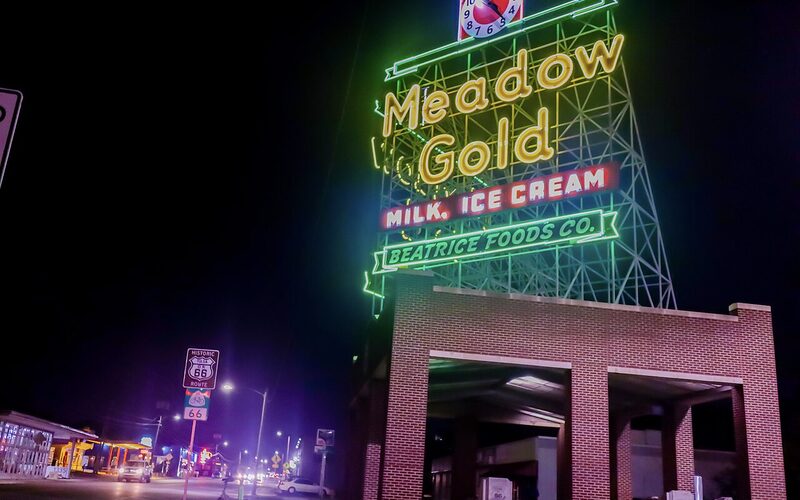 Historic Route 66 neon signs and roadside attractions along the Oklahoma corridor