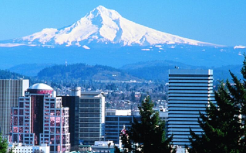 Portland Oregon skyline with Mount Hood