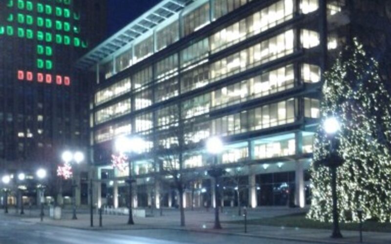 Downtown Allentown, Pennsylvania at night with holiday lights