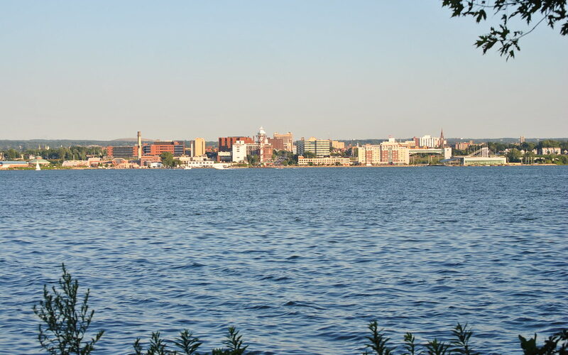 Erie Pennsylvania lakefront with Presque Isle Bay and the Bayfront Connector development