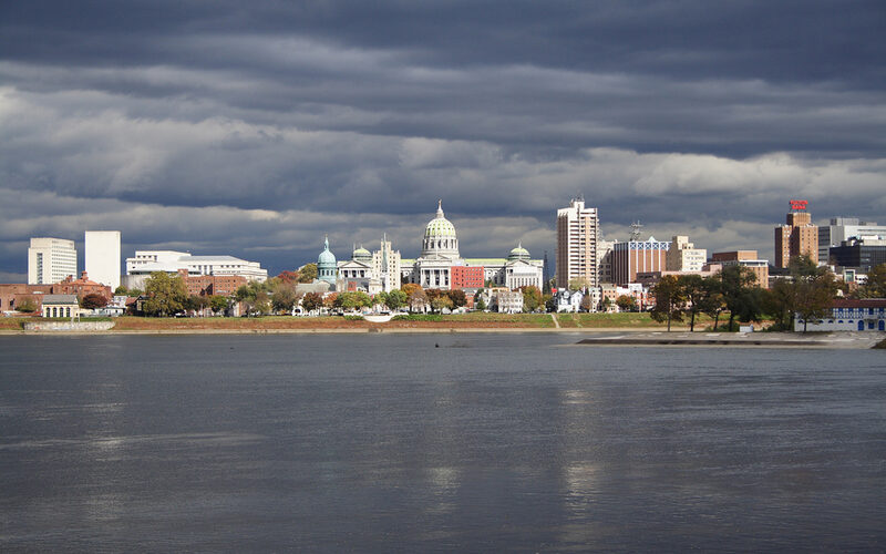 Harrisburg Pennsylvania state capitol building and downtown skyline along the Susquehanna River