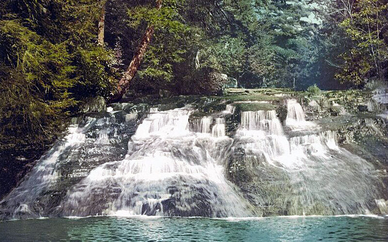 Cascading waterfall in a lush green forest in the Pocono Mountains, Pennsylvania
