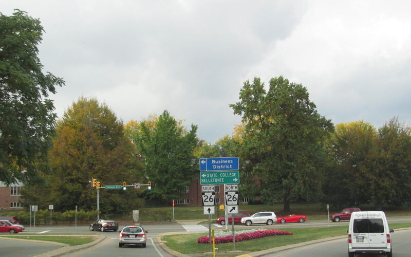 State College downtown area near Penn State University campus with Nittany Lion shrine visible