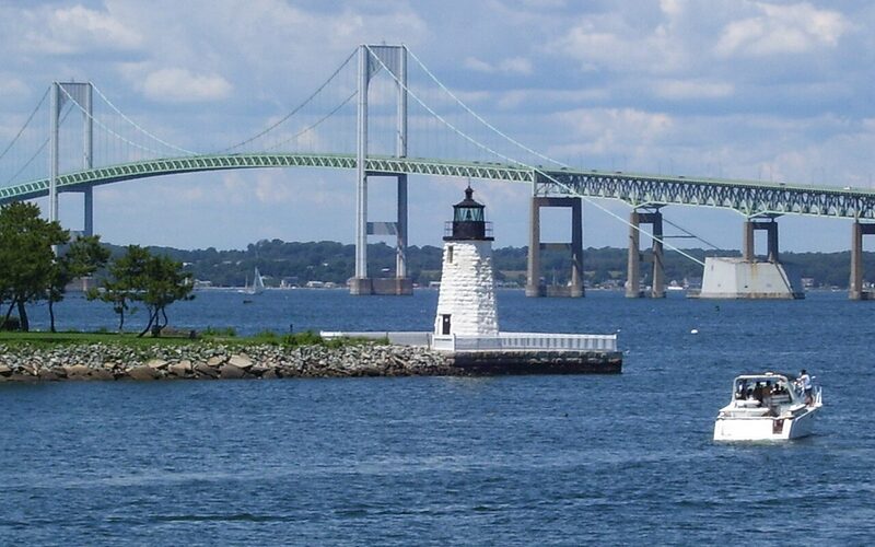 Claiborne Pell Newport Bridge and lighthouse in Newport, Rhode Island