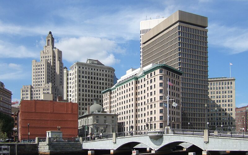Providence, Rhode Island skyline along the Providence River at dusk