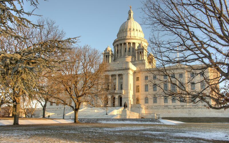 Rhode Island State House in Providence, a neoclassical white marble building with one of the largest self-supporting marble domes in the world