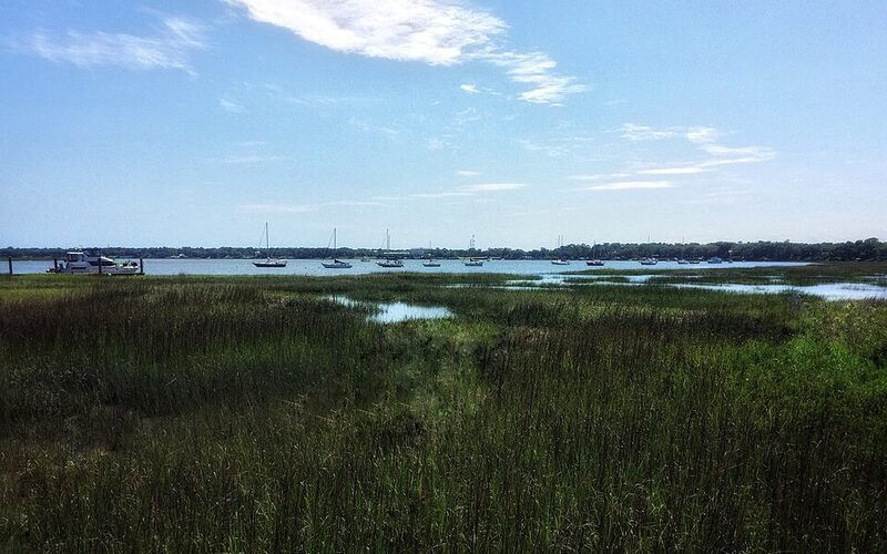 South Carolina Lowcountry salt marsh with boats anchored in the waterway