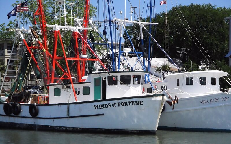 Shrimp boats docked at Shem Creek in Mount Pleasant, South Carolina