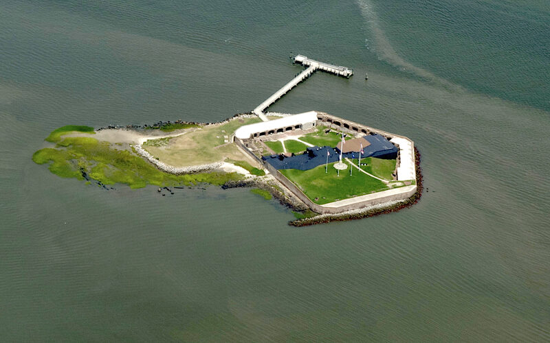 Aerial view of Fort Sumter National Monument on its island in Charleston Harbor, South Carolina