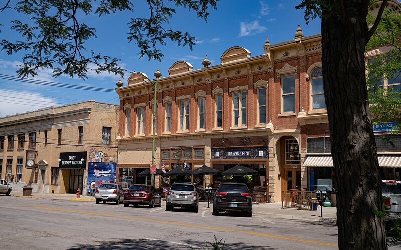 Downtown Rapid City, South Dakota street with historic brick buildings