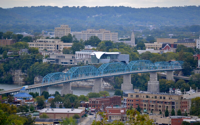 Chattanooga skyline along the Tennessee River with Lookout Mountain in the background