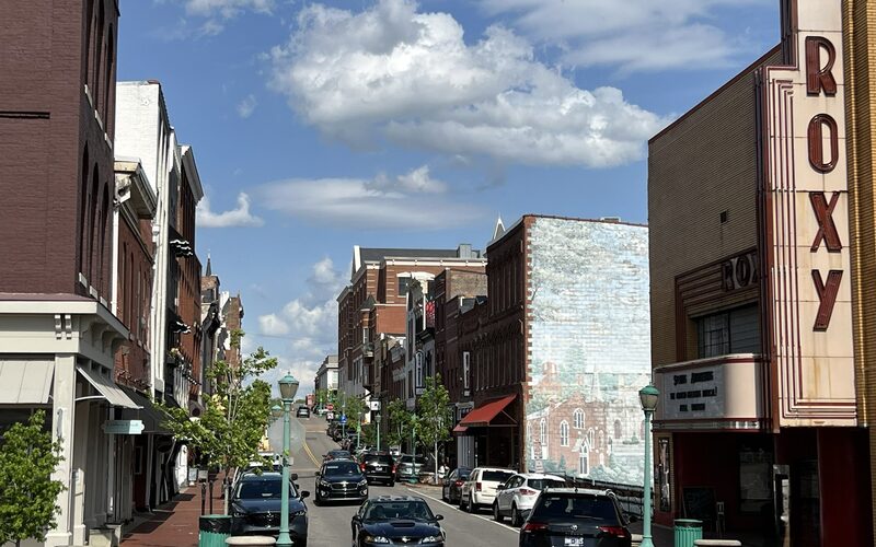 Downtown Clarksville, Tennessee with the Roxy Theatre and historic buildings