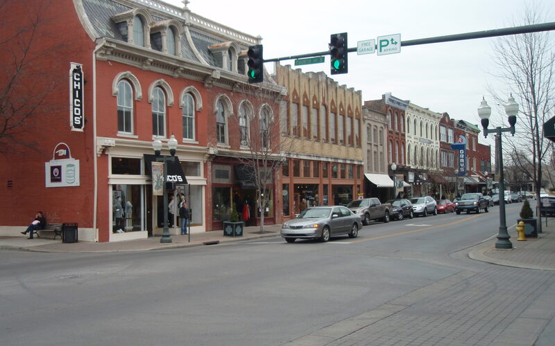 Franklin Tennessee historic Main Street with charming shops and tree-lined sidewalks