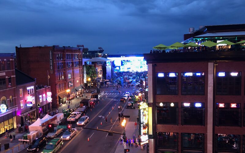 Neon lights on Broadway honky-tonk row in downtown Nashville
