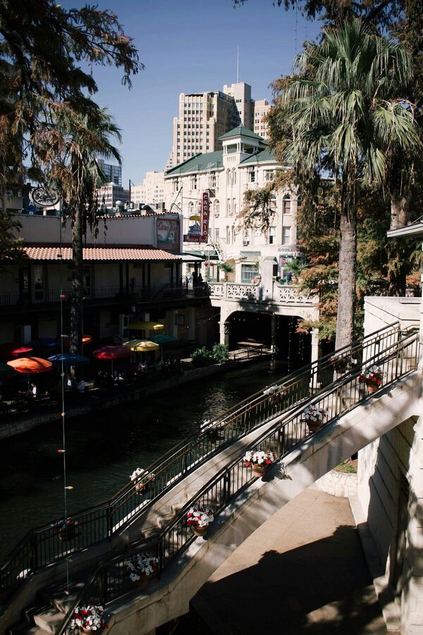 San Antonio River Walk lined with restaurants and cafes