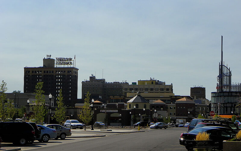 Ogden, Utah historic downtown with mountain backdrop