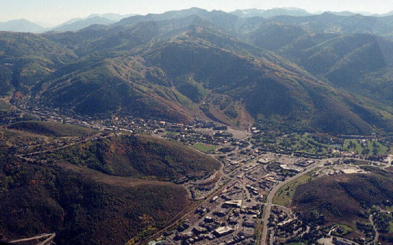 Aerial summer view of Park City, Utah with ski runs visible on the mountains