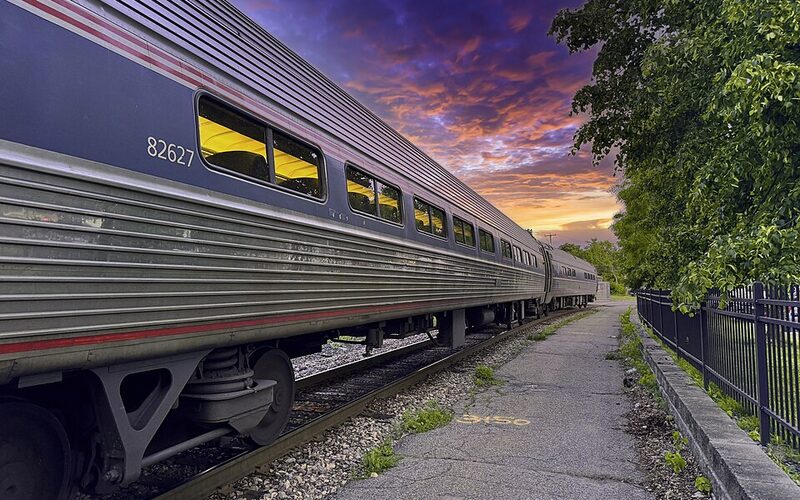 Amtrak train at Essex Junction station at sunset, Vermont