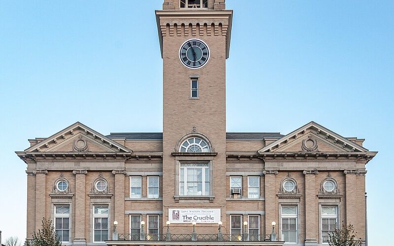 Historic brick building with clock tower in Montpelier, Vermont