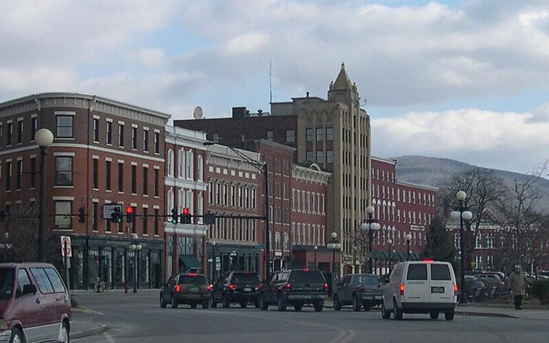 Rutland, Vermont downtown with mountain backdrop