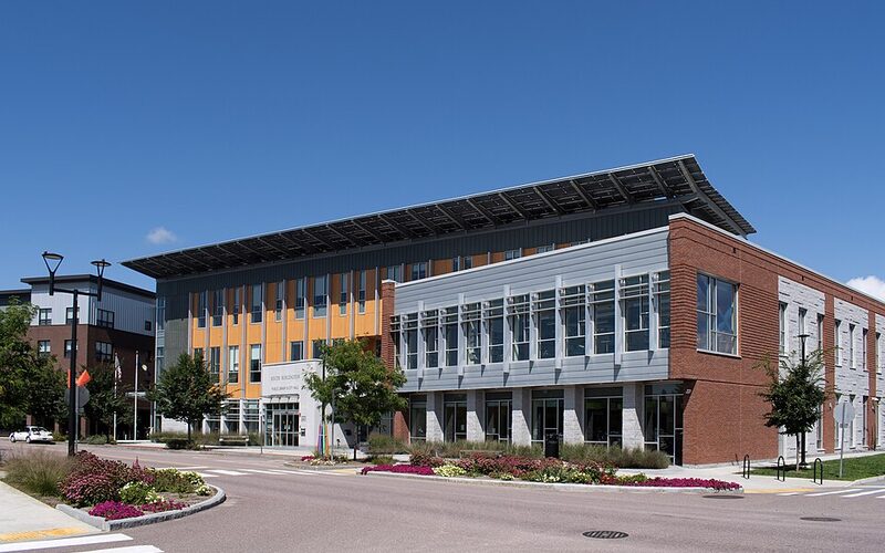 Modern civic building with solar panels in South Burlington, Vermont