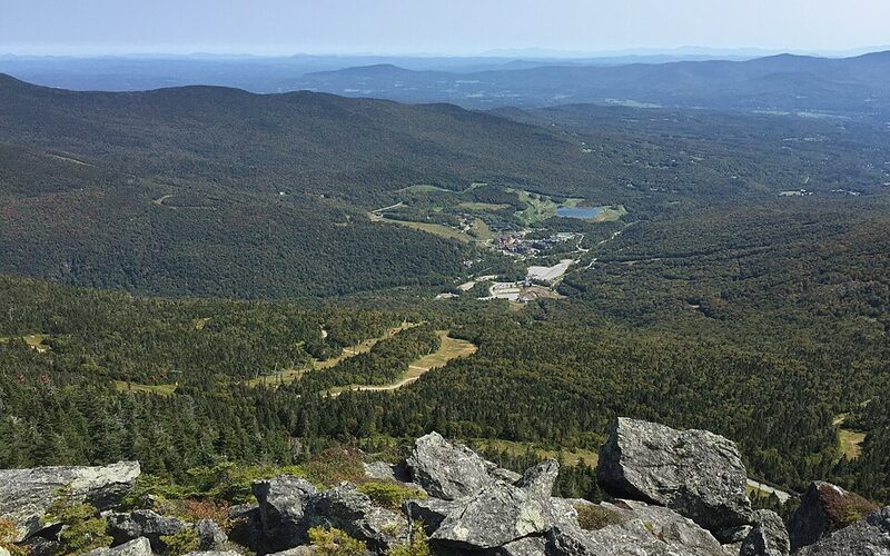 Summer aerial view from Stowe Mountain with the resort valley below in Vermont